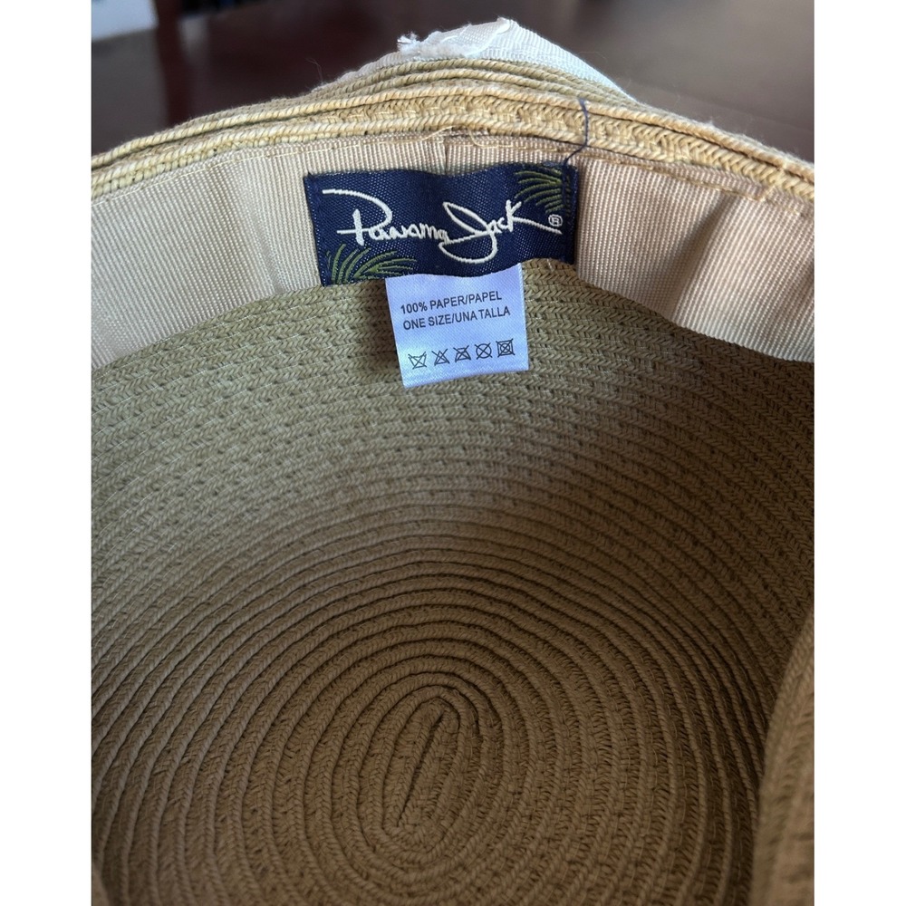 Panama Jack Wide Brim Floppy Hat Straw One Size Tan White Coastal Beach Core - Picture 4 of 6